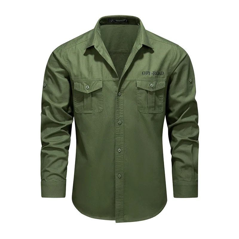 2025 Spring /Fall Army Green Fashion Versatile Men's Casual Shirts,Khaki Slim Long Sleeved Breathable Cotton Cargo Shirt for Men