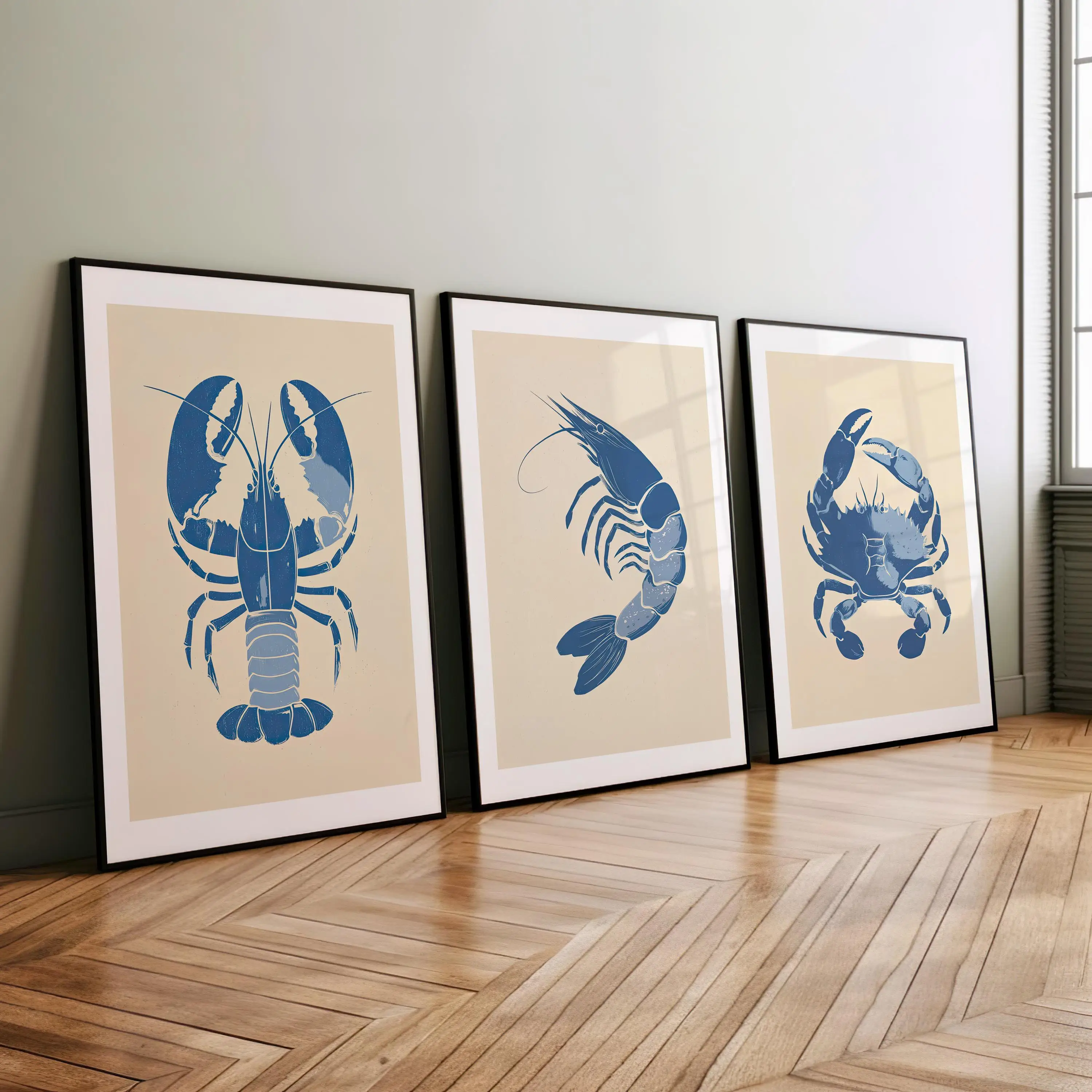 3pcs frameless Canvas Painting Minimalist Blue Seafood Set of 3 Poster Canvas Print Shrimp Crab Lobster Wall Art Modern Coastal