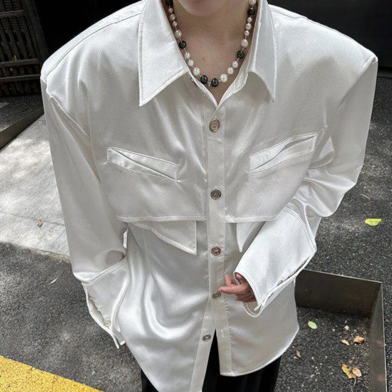 WVGA Spring Summer New Men's Luxurious Elegant Pearl Glossy Padded Shoulder Long Sleeve Shirts Niche Chic Casual Tops Ins W23479