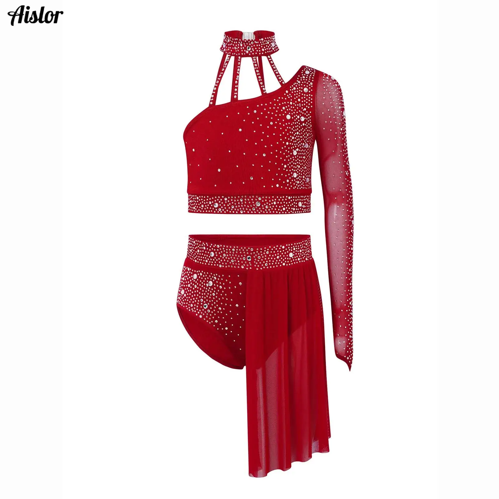 

Kids Girls Sheer Mesh Modern Lyrical Dance Outfit One Shoulder Long Sleeve Shiny Rhinestone Crop Top with Irregular Skirt