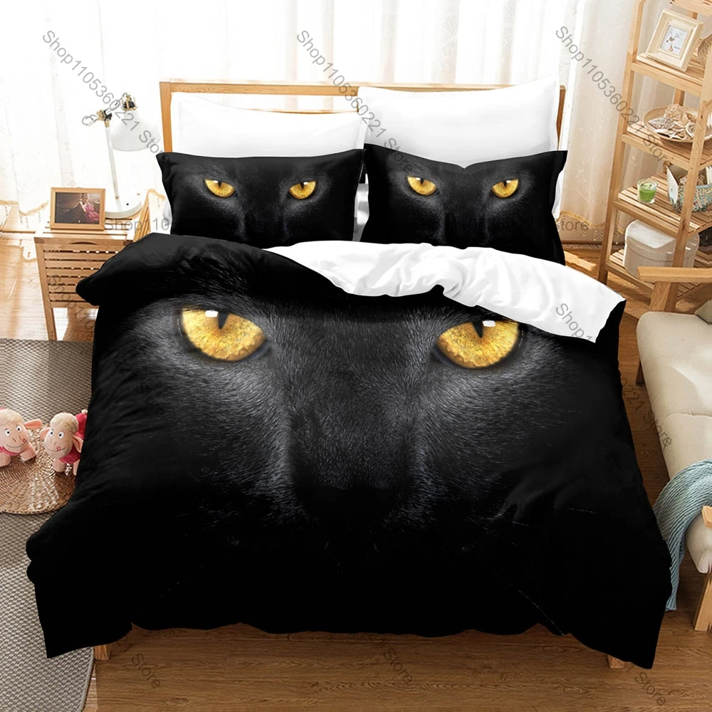 Vintage Sketch Artistic Cat Pattern Duvet Cover + 2 Pillowcases Soft Microfiber Cute Animal Themed Room Bedding