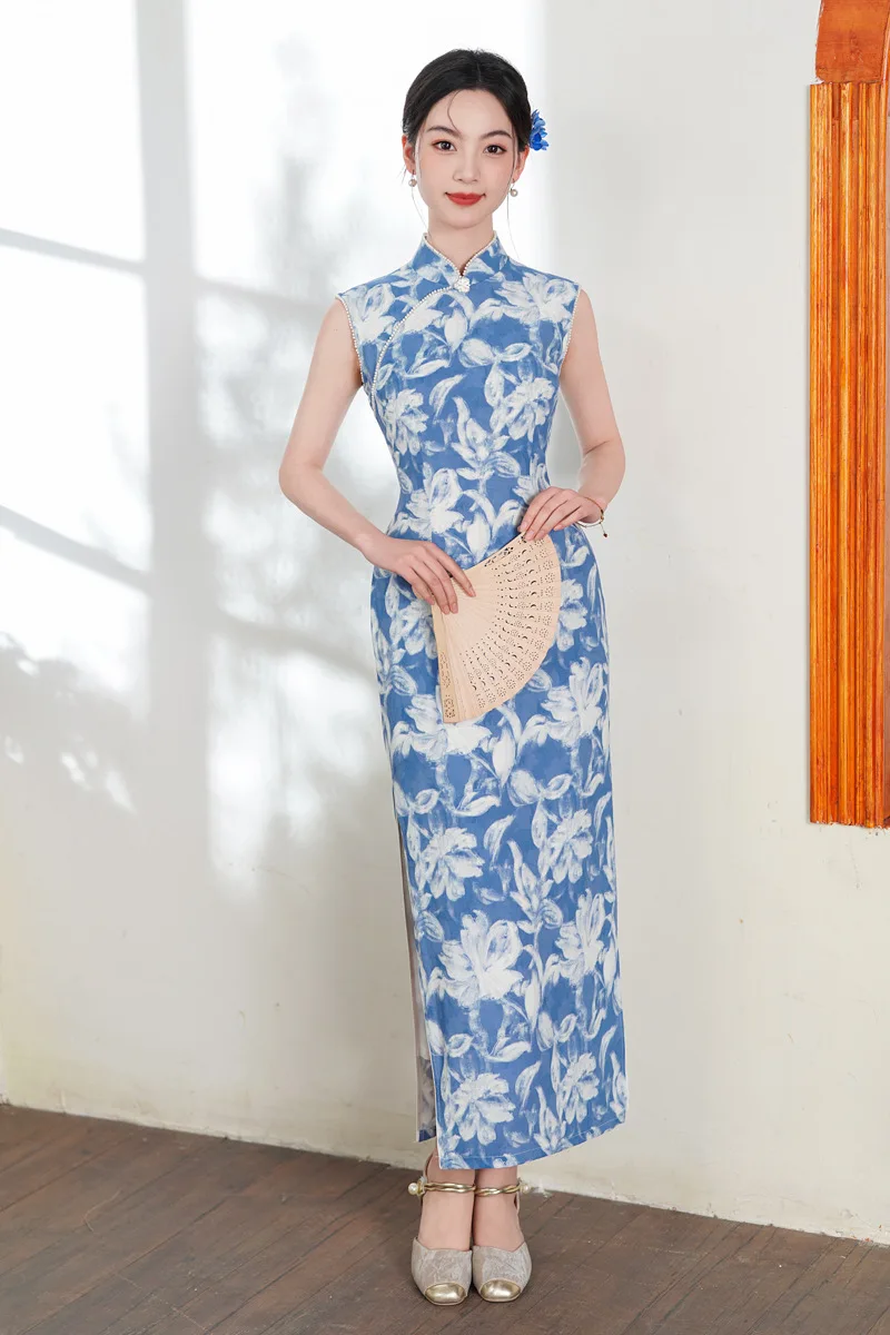 

Blue White Floral Print Sleeveless Chinese Style Suzhou Long Cheongsam Improved Young Style Women's Qipao Dress
