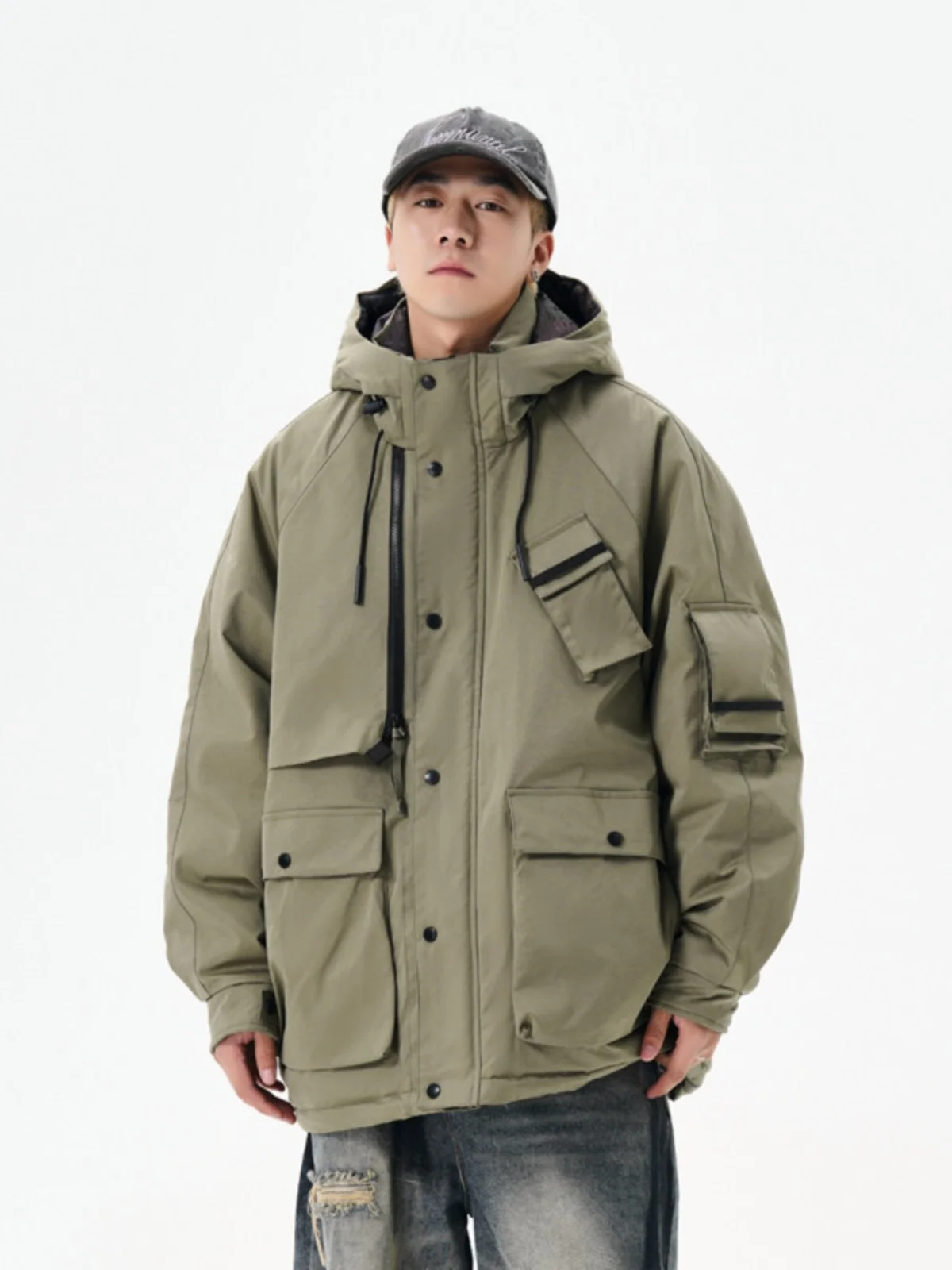 

Мужская зимняя куртка-пуховик в американском уличном стиле с капюшоном, утепленная, с множеством карманов, модный бренд, белая, теплая