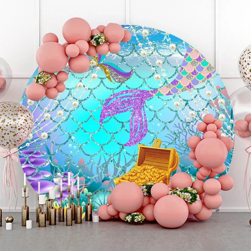 Undersea Mermaid Round Backdrop Cover Baby Shower Kids Birthday Party Elasticity Circle Photography Background Photo Studio Prop