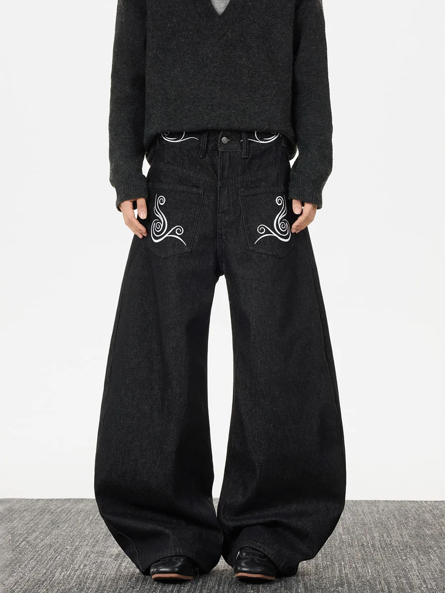 

Мужские джинсы с широкими штанинами и тяжелой вышивкой, прямого кроя, из денима с эффектом потертости, для повседневной носки осенью и зимой