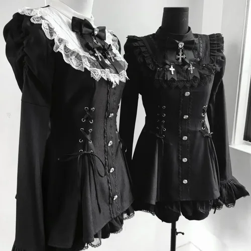Imagen 2 del producto Vestido Y2k estético estilo Lolita con lazo, conjunto de pantalones cortos, encaje gótico japonés, manga acampanada, vestido camisero con botones, minivestido de fiesta Punk