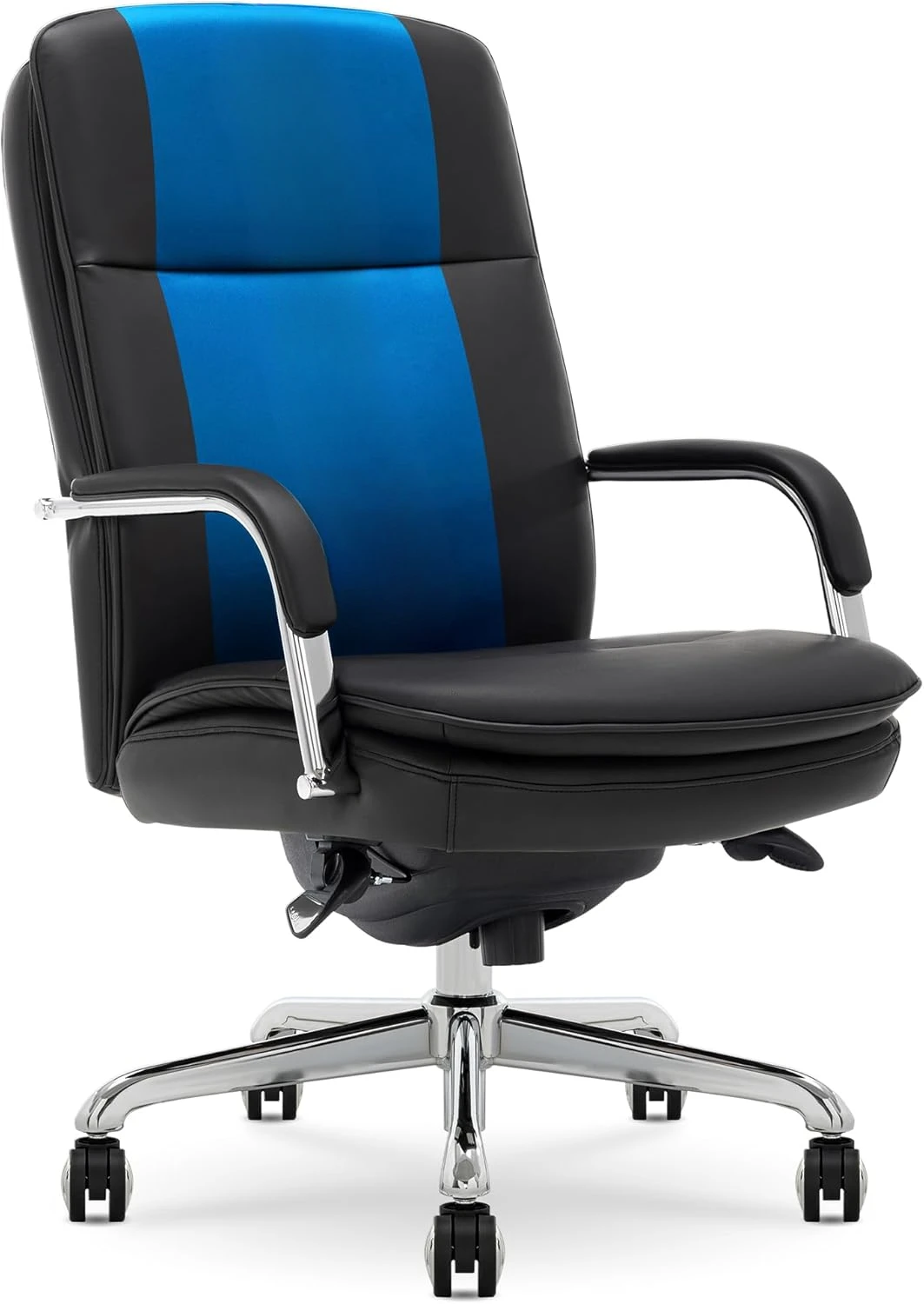 Double-Layer Cushion, Padded Arms, Ergonomic Computer Desk Chair, Swivel Metal Base, Bonded Leather, Black and Chrome