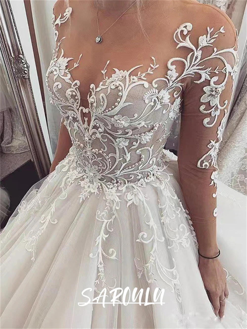 

Sheer Neck Lace Ball Gown Wedding Dress with Long Illusion Sleeves, Plus Size Women Bride Dresses Tulle Appliques Bridal Gown