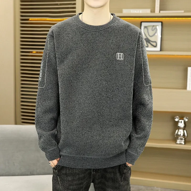 Man Round Neck Sweater Autumn Winter Keep Warm Thickening Comfort Pullover New Fleece Versatile Casual Solid Knitted Tops Man