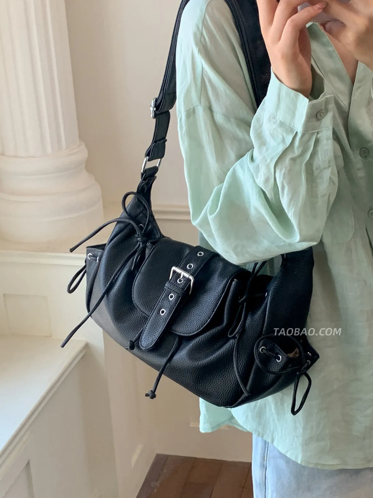 Women Metallic Silver Soft PU Shoulder Bag Drawstring Buckle Decor Casual Crossbody Bag Adjustable Strap Daily Handbag