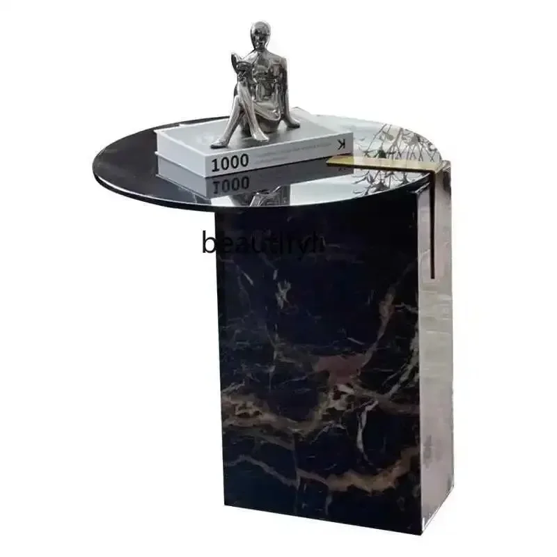 Y029  Italian light luxury glass sofa corner marble edge modern simple designer round small coffee table