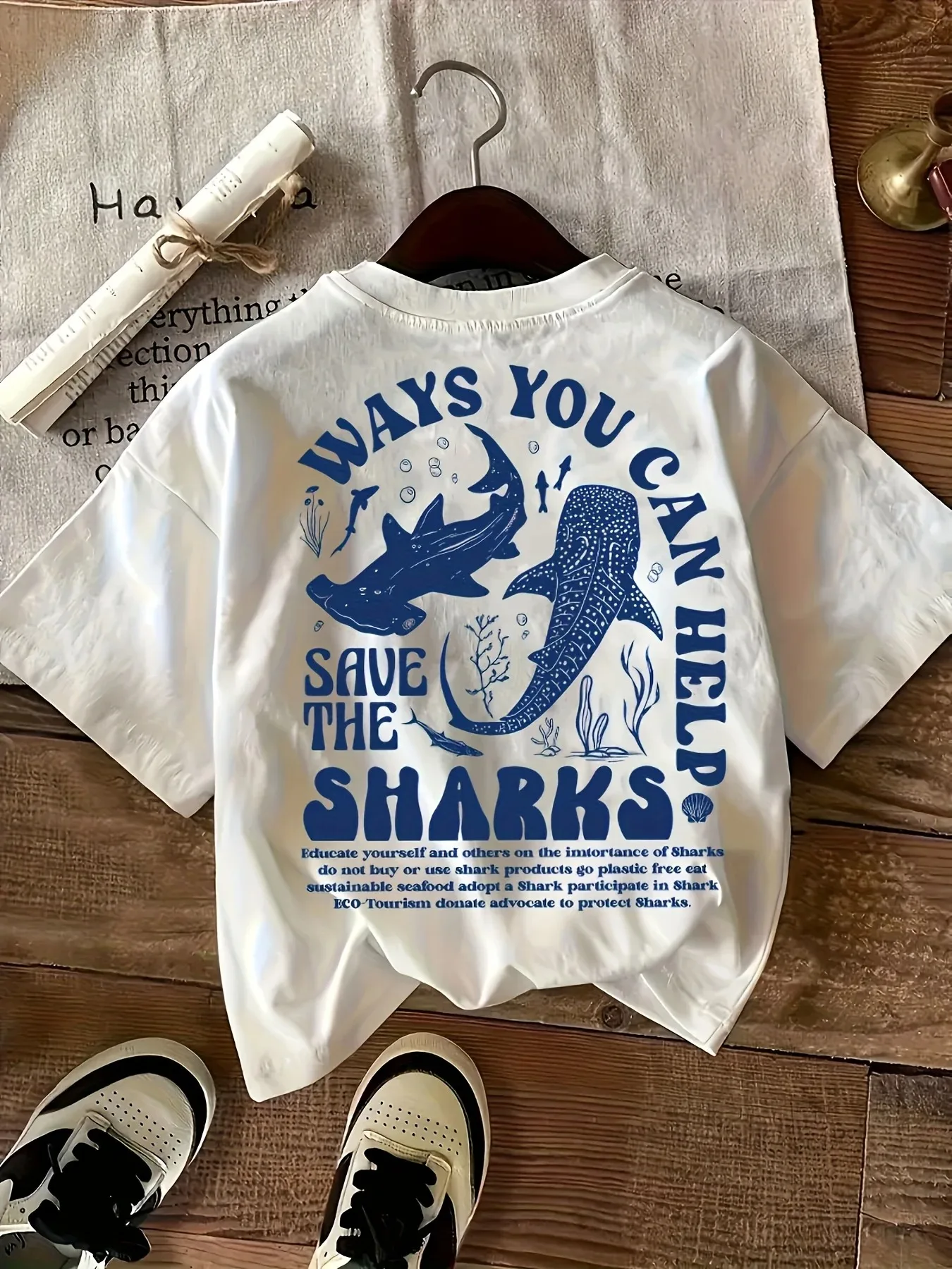 Unisex Save The Sharks Print T Shirt Ocean Animal Casual Back Print Short Sleeve Tops