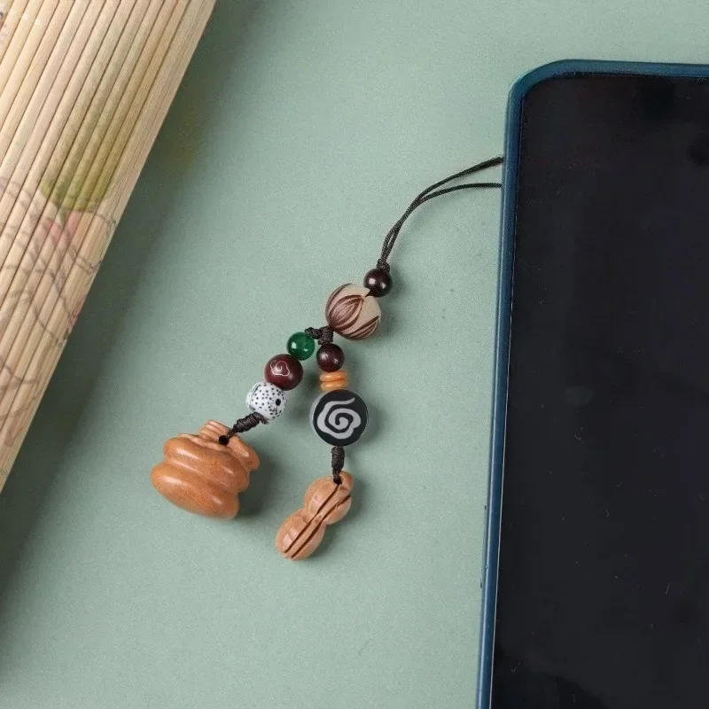 Jujube Wooden Keychain Carved Persimmon And Peanut Patterns Matched With Lotus Accessories For Good Fortune Couple Style Design
