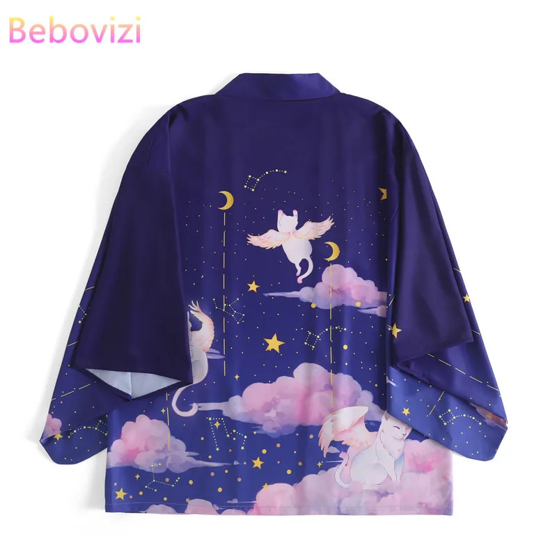 2021 New Loose Purple Kawaii Cats Print Japanese Streetwear Cardigan Women Men Harajuku Haori Kimono Cosplay Blouse Top Yukata