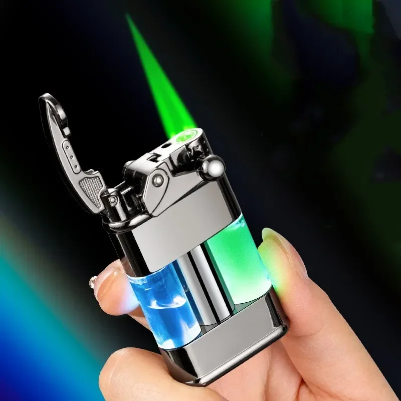 Hot Gas Outdoor Windproof Metal Turbine Torch Large Fire Lighter Green Flame Kitchen Barbecue Cigar Camping Lighter Gift for Men