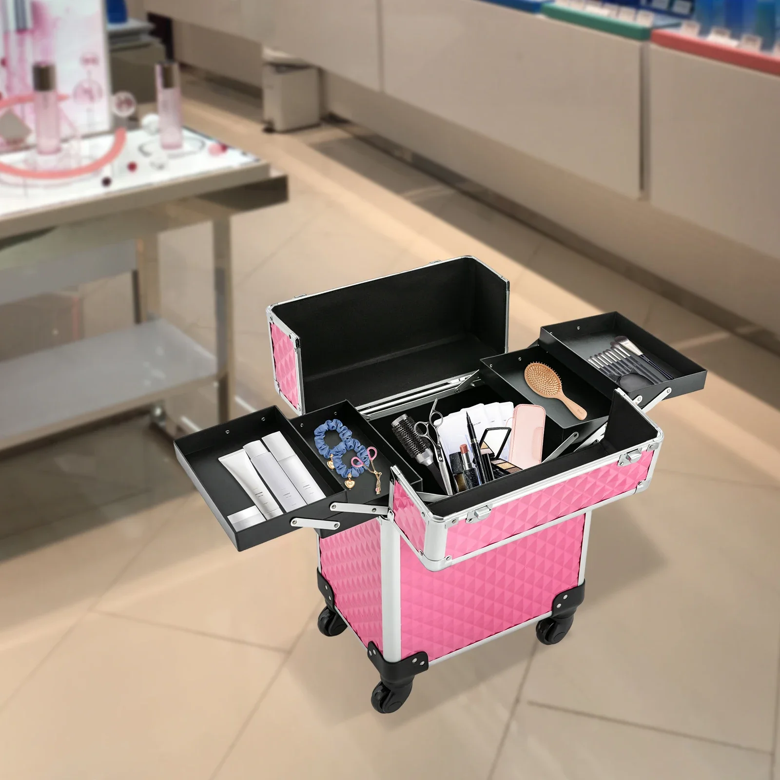 안전하고 넓은 피치 메이크업 케이스 - 전문 메이크업 및 헤어 도구에 이상적