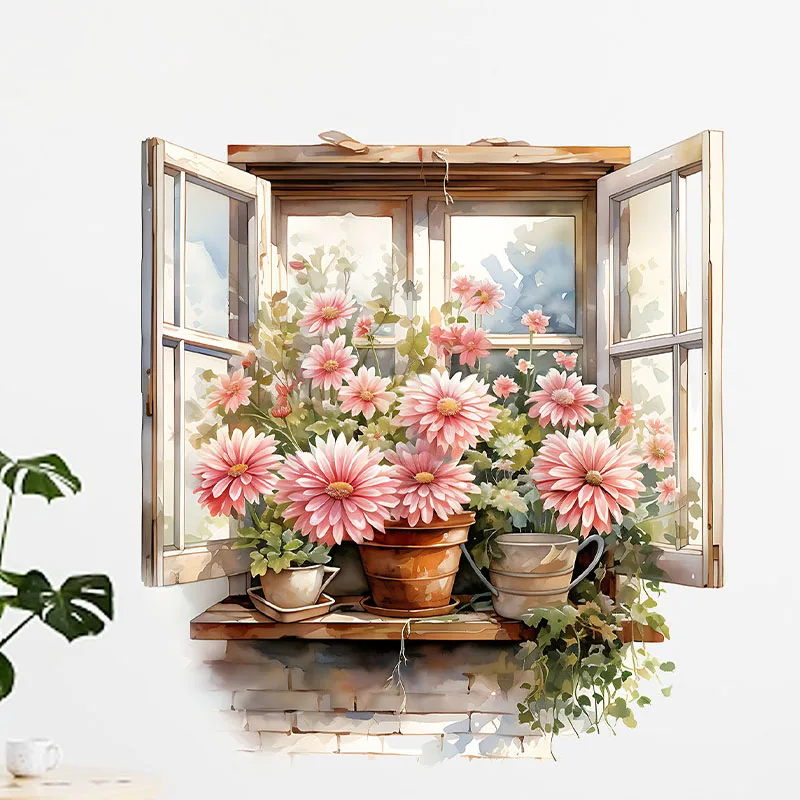 Fake Window Flowers Wall Sticker Living Room Wall Corridor Entrance Background Home Decoration Wall Art Self-adhesive Waterproof