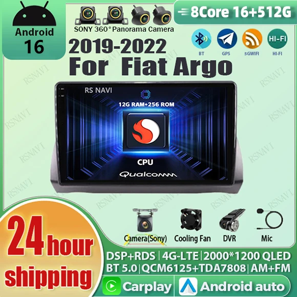 Radio para Auto con Android 16, Carplay, Qualcomm, Pantalla QLED 2K, Reproductor para Fiat Argo 2019 2020 2021 2022, GPS, Wifi, 4G, BT, DSP, Estéreo, DVD