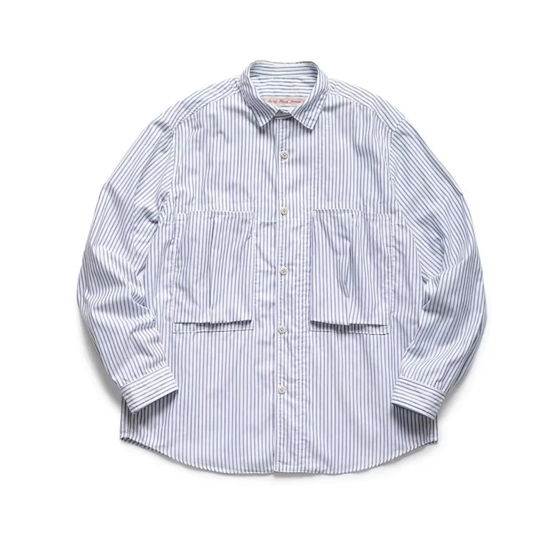 

25AW Japan Hirata and Hongri Style Casual Two Pockets Blue White Stripe Lapel Loose Long Sleeved Shirt for Men