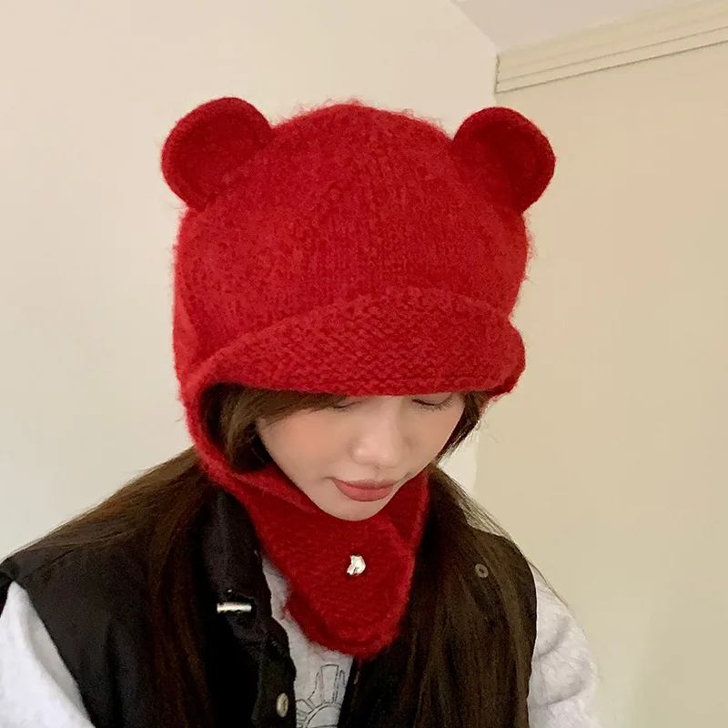 Winter Hats Woman Knit Beanie Balaclava Cute Bear Ear Keep Warm Baggy Cap With Scarf Funny Hats Girls Accessories Bonnets New