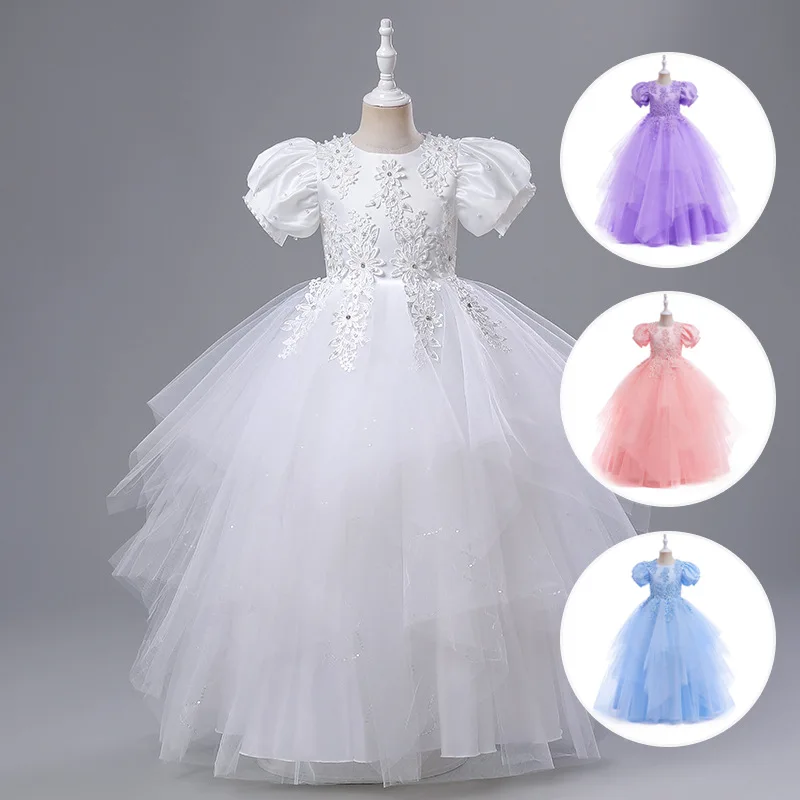 Falda de princesa de manga larga para niñas, vestido de actuación, nueva ropa floral para niños, vestido Formal para niñas de flores