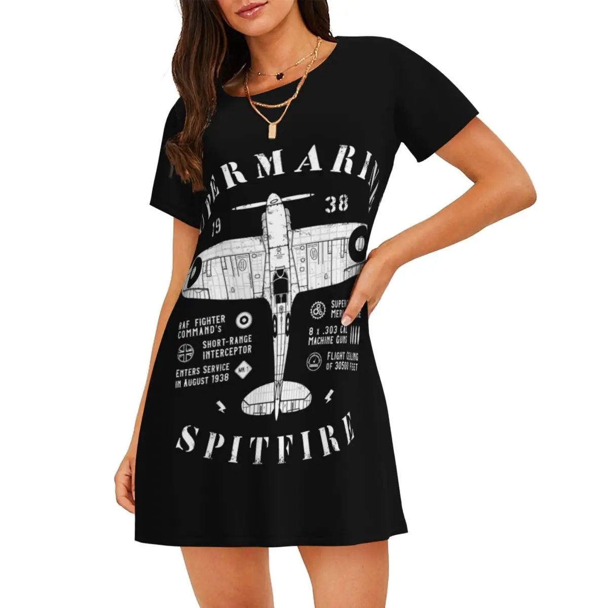 

Custom Spitfire Women Short Sleeve Nightdress Fighter Plane WW2 War Aircraft Airplane Pullover Nightgown Sleeping Sleepshirts