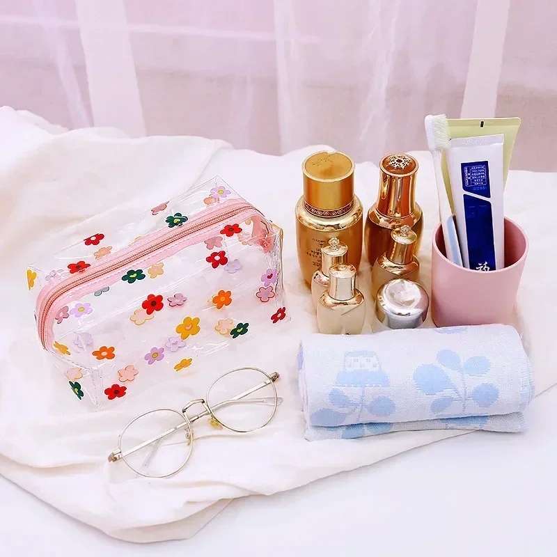 Cute Transparent Cosmetic Bag Large Capacity Pencil Case Fruit Heart Butterfly Print Clear Makeup Storage Bag For Women Kawaii