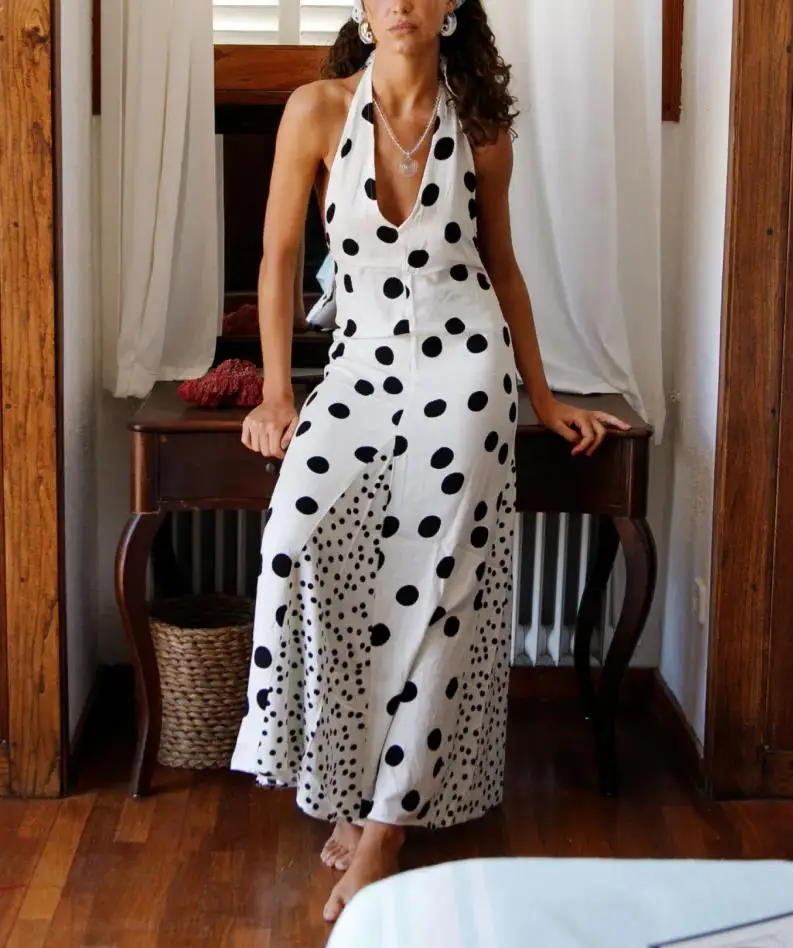 ใหม่VINTAGE Modern Polka Dot HalterชุดสตรีSuspender Backless Slim Dress 2025 ฤดูร้อนแฟชั่นวันหยุดเดทLady Dress