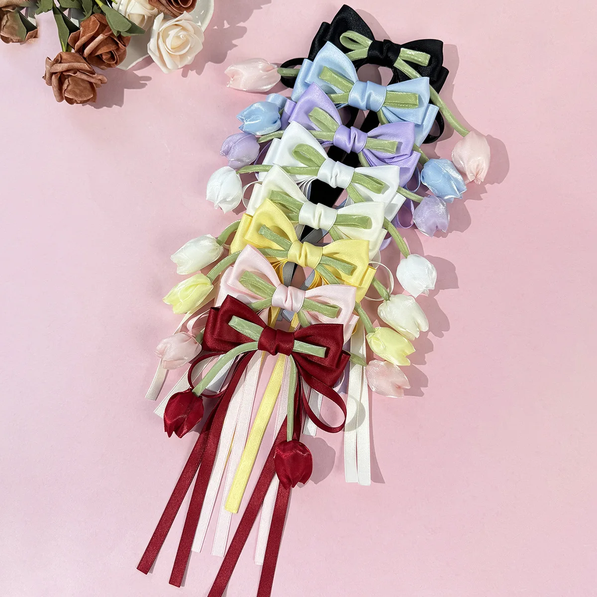 24PCs Long Ribbon Bow Hair Clips for Girls Handmade Tassel Side Hairgrips Rosette Bulk Hair Accessories for Women