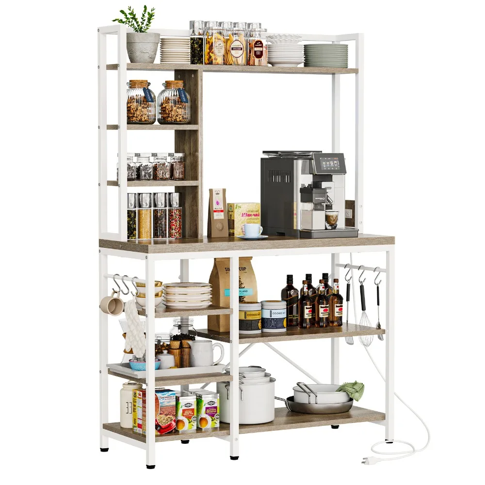 

Kitchen Bakers Rack w/Power Outlet 39inch Coffee Station Microwave Stand Shelf