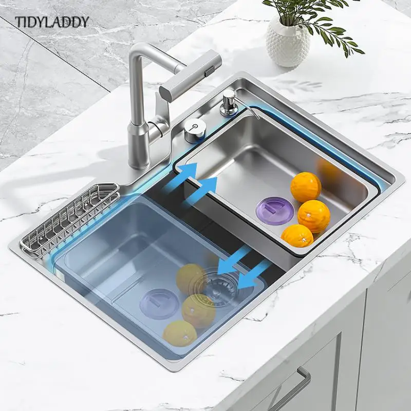 Stainless Steel Pull Out Kitchen Waterfall Sink Large Single Sink Dish Basin Sink with Storage Basket Kitchen Accessories