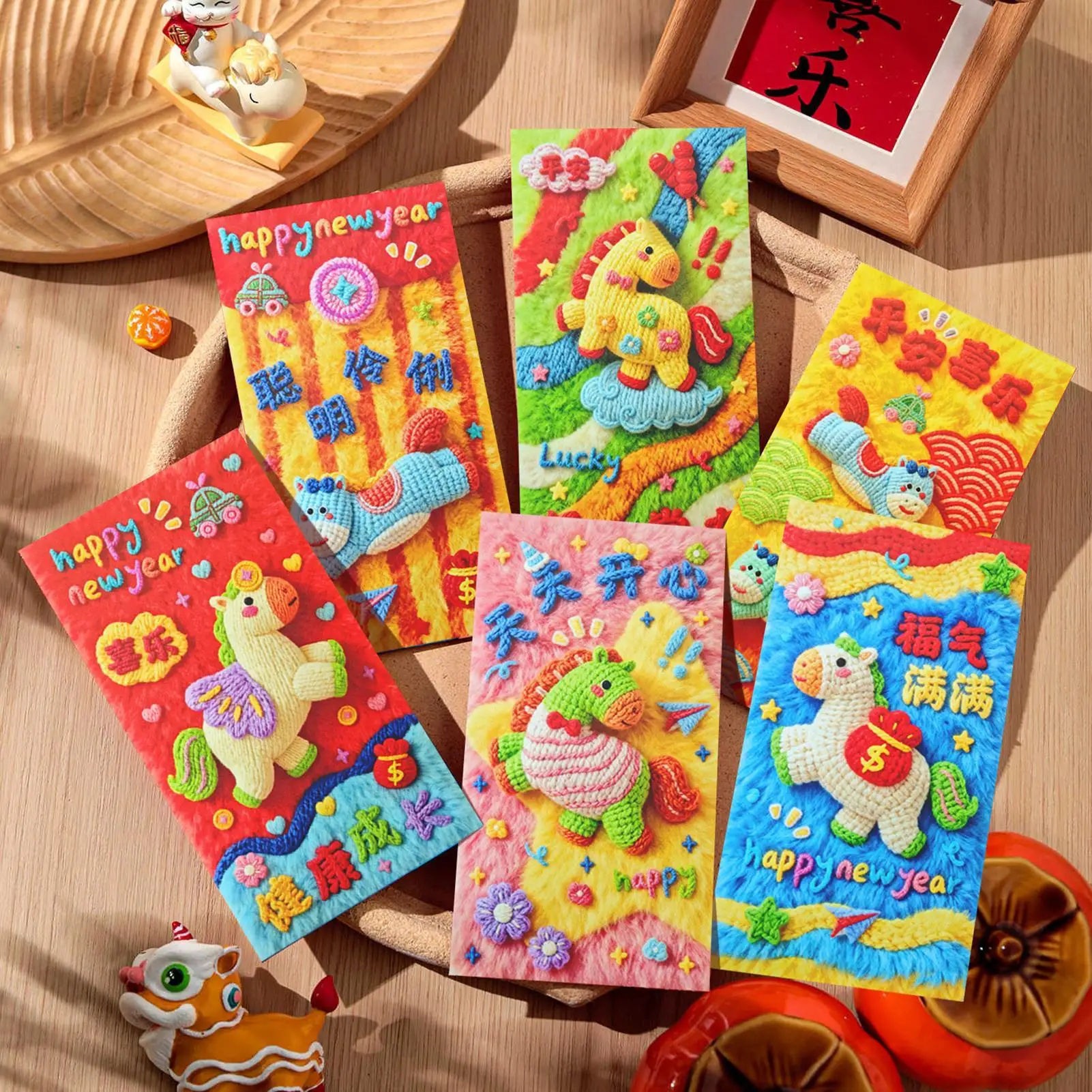 Chinese New Year Red Envelopes 6-Piece 2026 3D Cute Auspicious 3D Embroidered Red Packet Money Envelopes for Kids Friends Family