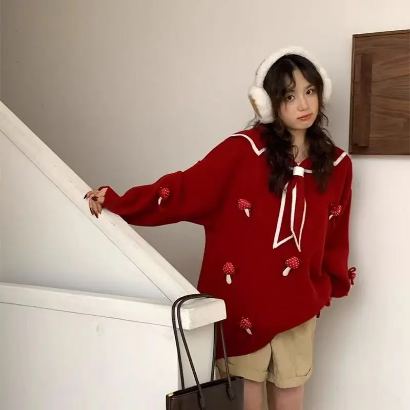 Suéter rojo de Navidad para mujer, jersey de gran tamaño con cuello de marinero, novedad, ropa de invierno