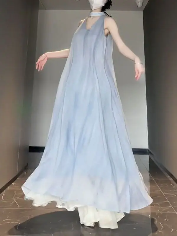 Vestido de Verano Estilo Francés para Mujer, sin Mangas, con Cuello Halter, de Gasa, Sensación Fresca, Cuello en V, Corte A, para el Día a Día en la Ciudad