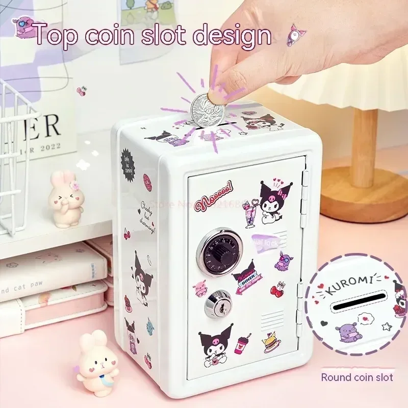 

Kawaii Toy Sanrio My Melody Cinnamoroll Wrought Iron Safe Piggy Bank Anime Heart Cute Sticker Storage Key Cabinet Kid Cute Gift