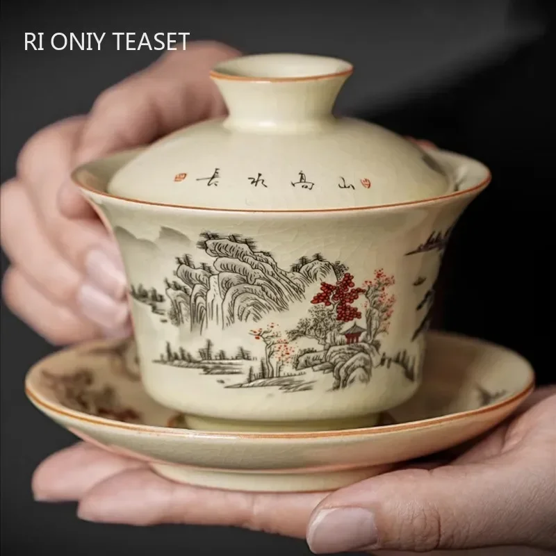 

Chinese Traditional Ru Kiln Ceramic Gaiwan Hand-painted Landscape Pottery Tea Tureen Teacup Handmade Tea Bowl Portable Teaware