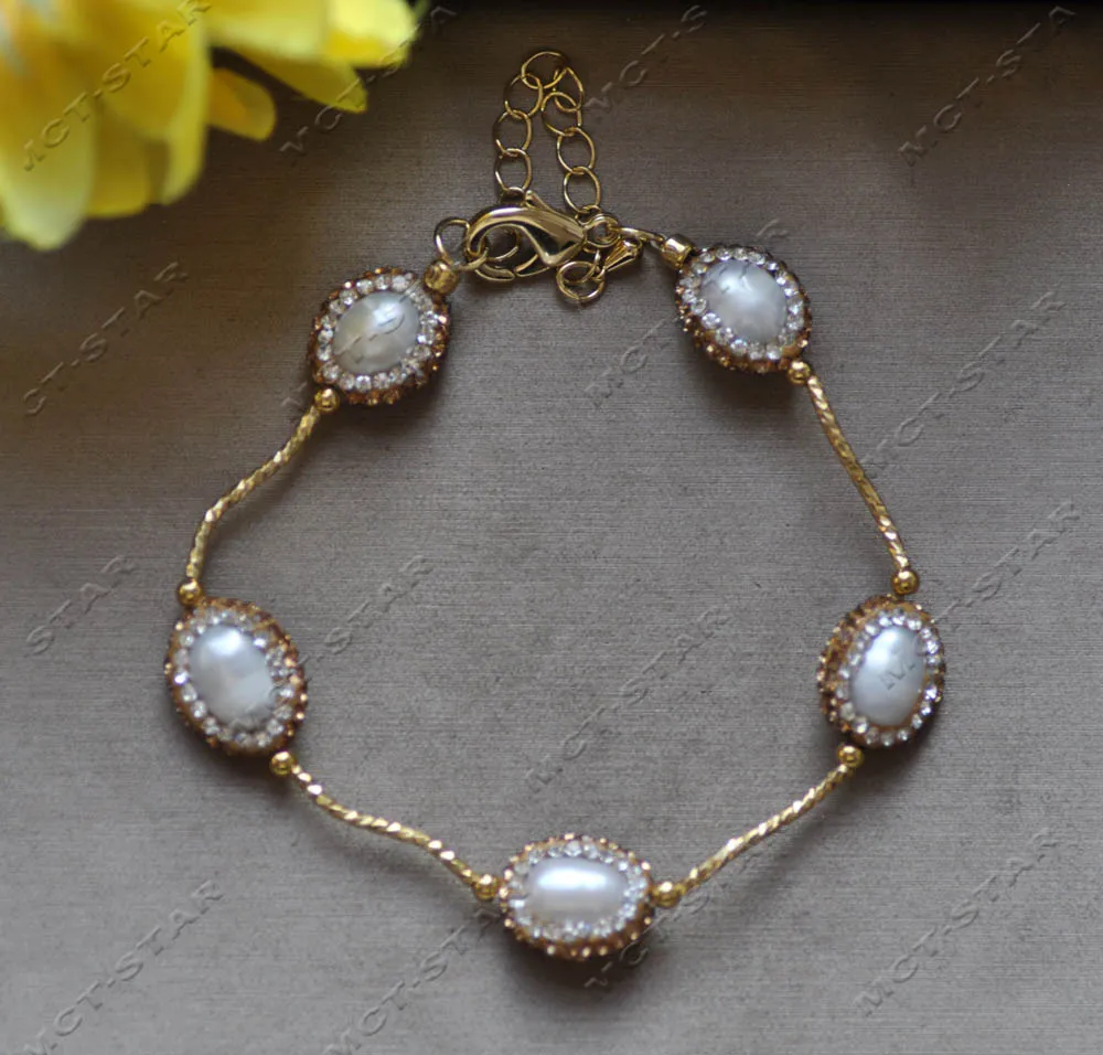 Z12926 Set 15mm White Rice Golden CZ Pearl Necklace Bracelet Earring view 6