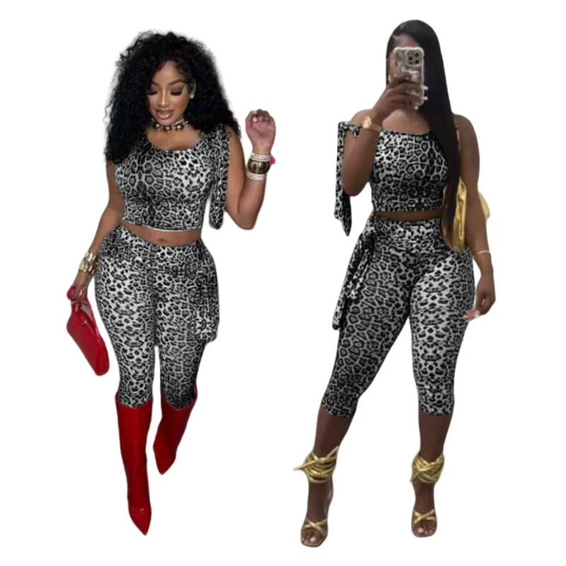 Pant Set Women Two Piece Sets Leopard Print Matching Sets Sexy Sling Short Tops Calf Length Pants High Waist Y2k Streetwear