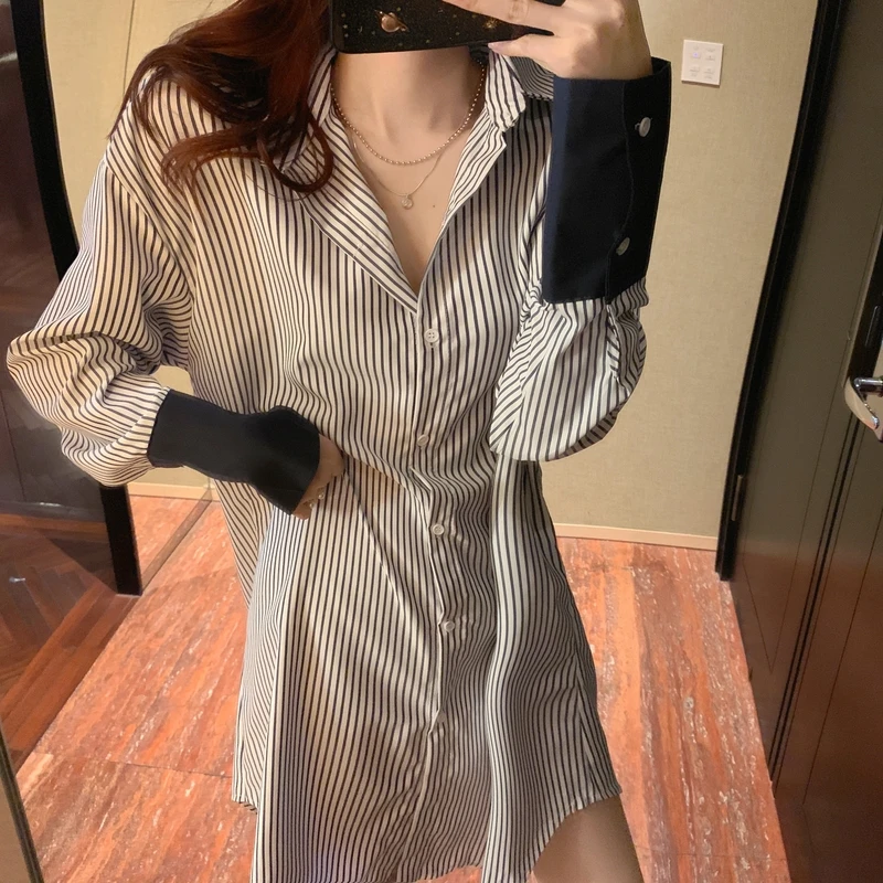 Autumn 2023 Two Pieces Sets Women Stripe Long Sleeve Blouse Dress + Lace Up Mini Dress Korean Fashion 2PCS Suit Womens Clothing