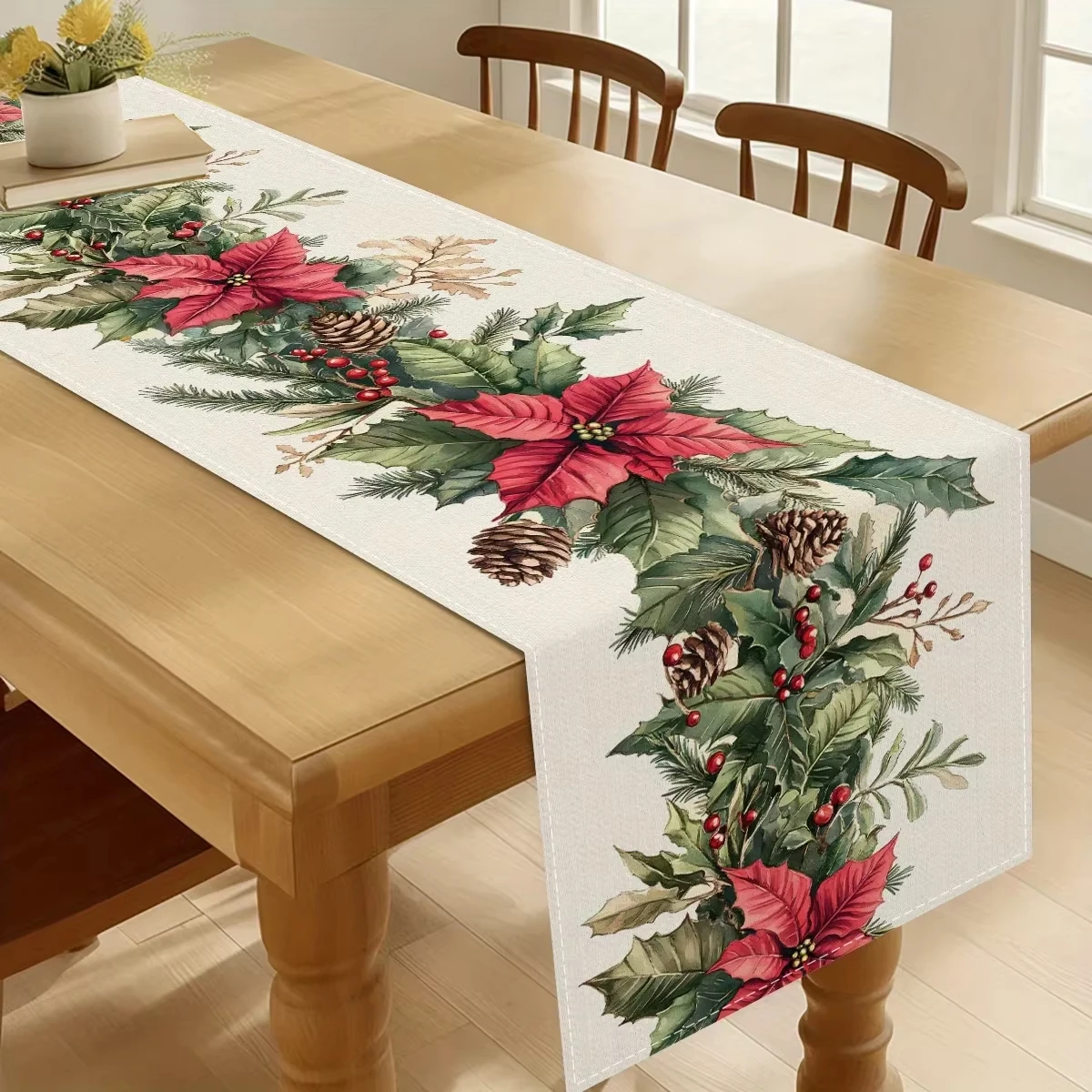 Red Green Floral Poinsettia Table Runner Light Luxury Pearl Flower Table Mat Machine Washable Holiday Decor for Kitchen Dining