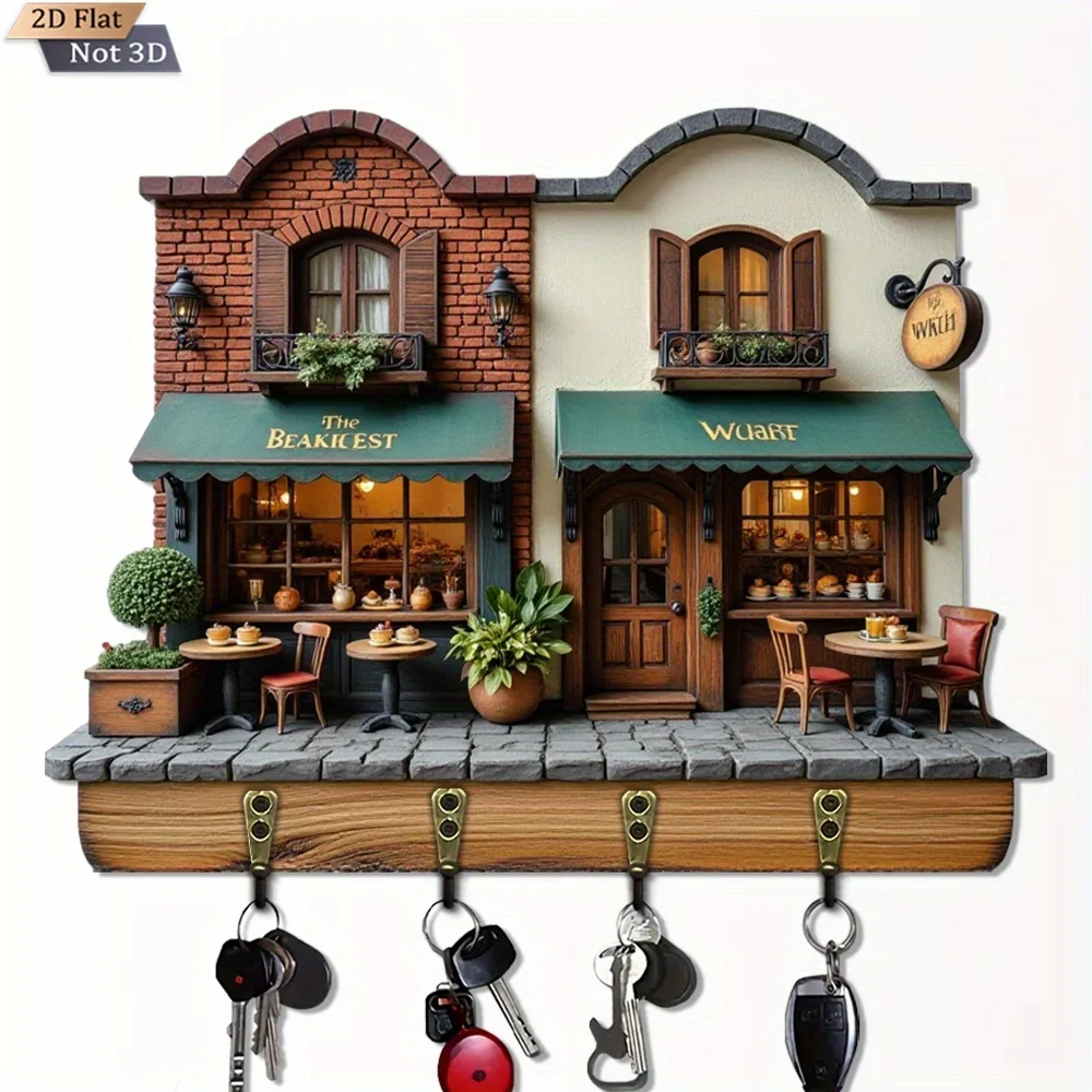 2D Flat, 1pc, European Mini Shop Key Hook Wooden Multi-Functional Home Key Holder with Four Metal Hooks, Wall Decor, Porch