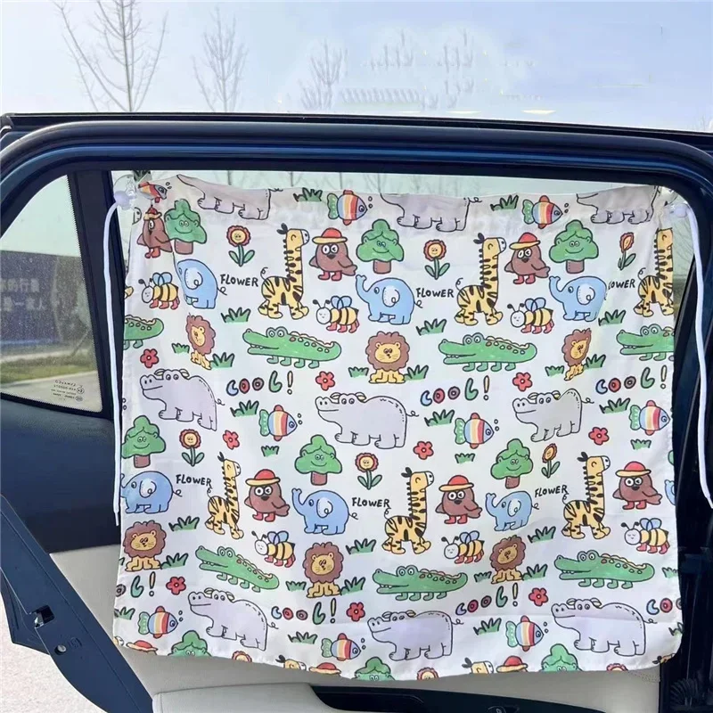 Universal Suction Cup Car Curtains Cute Cartoon Animal/Floral Sunshade Curtain Sliding UV Protection Car Window Cover Children