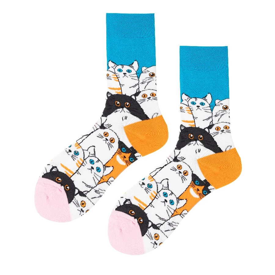 MYORED 1 pair of Autumn and winter new blue ribbed multi-cat cartoon cute men's mid-tube socks