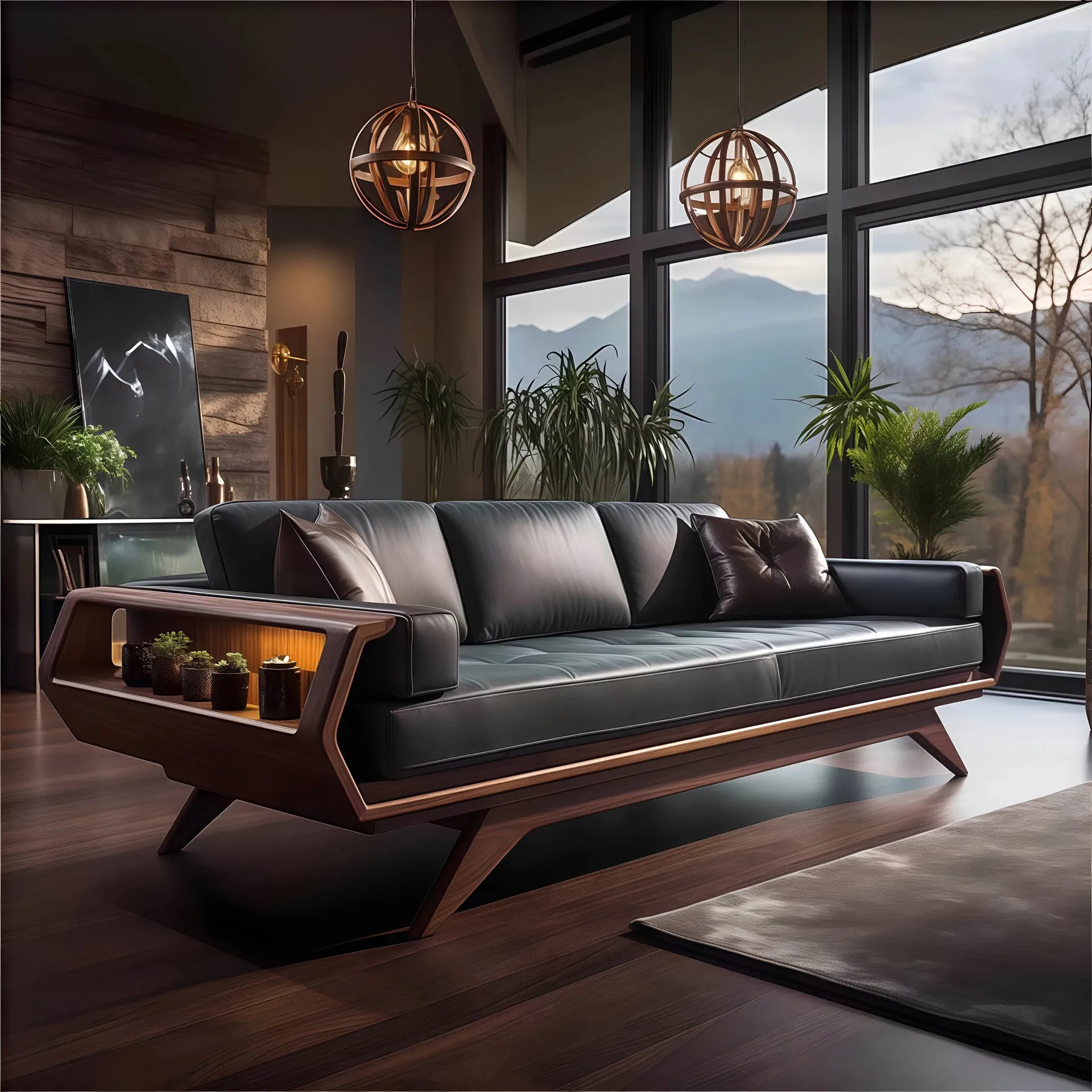 Medieval style North American black walnut sofa simple new Chinese straight row leather storage sofa size apartment living room