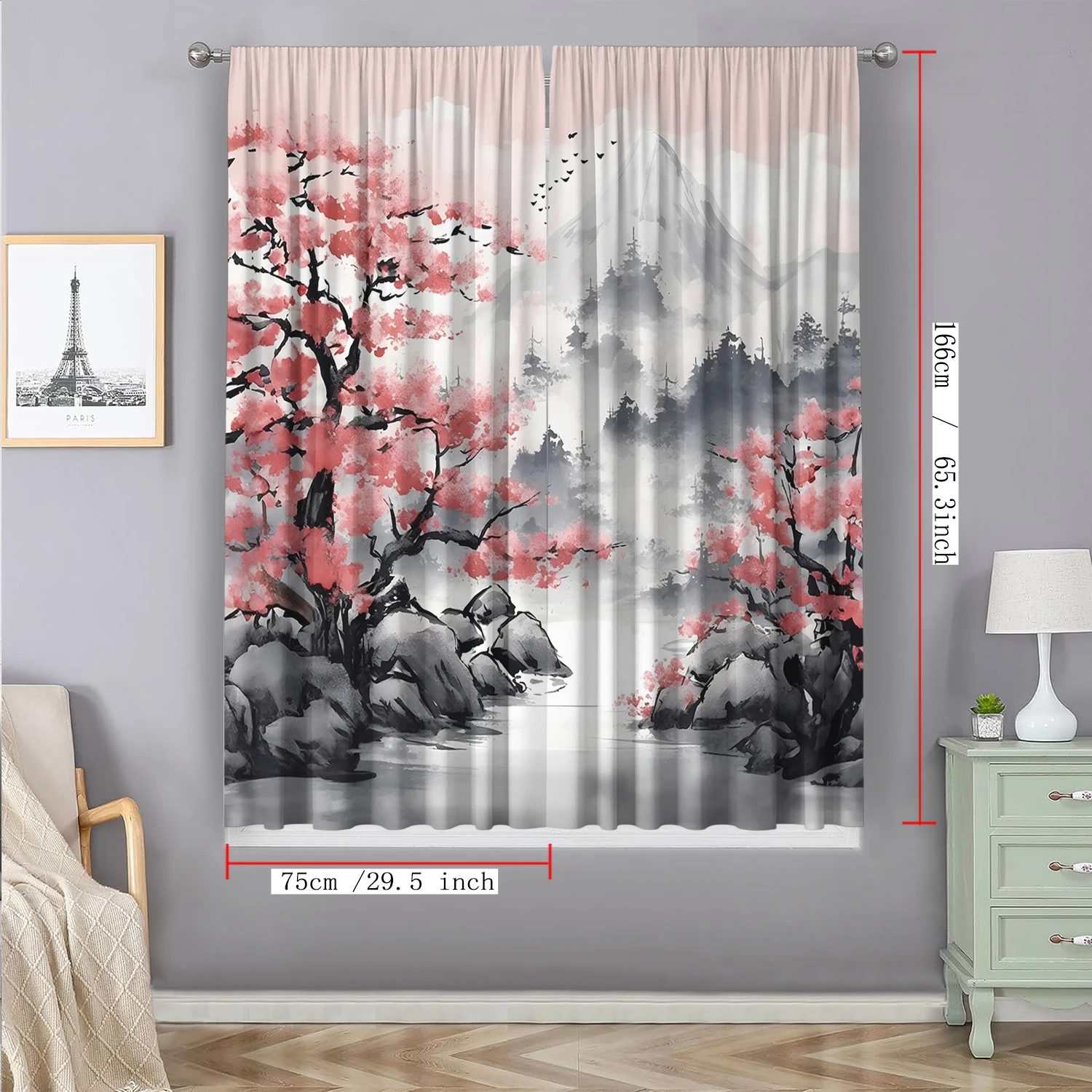 2PC Home Decoration Curtains, Snow Seeking Plum Blossom With Pole Bag Curtains, Kitchen, Coffee Shop, Living Room, Balcony