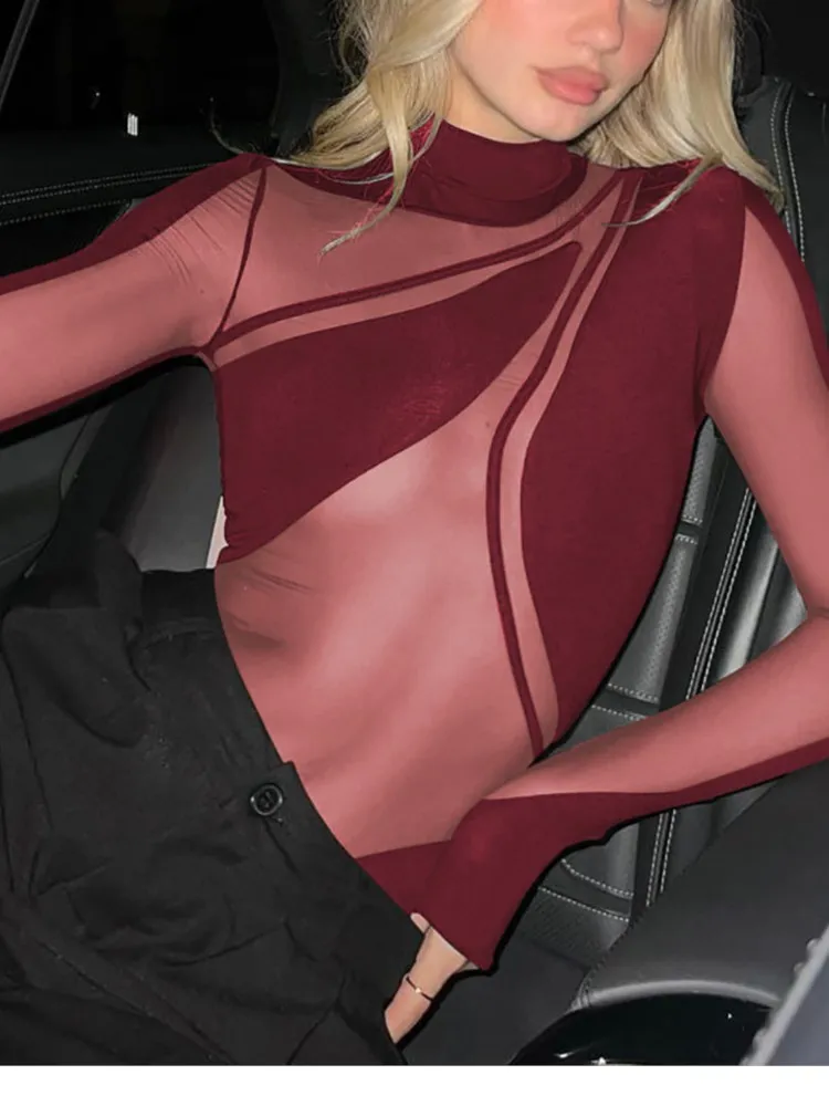 Combinaison moulante taille moyenne pour femmes, nouvelle tendance d'automne, Sexy, couture en maille, transparente, Slim, polyvalente, manches longues