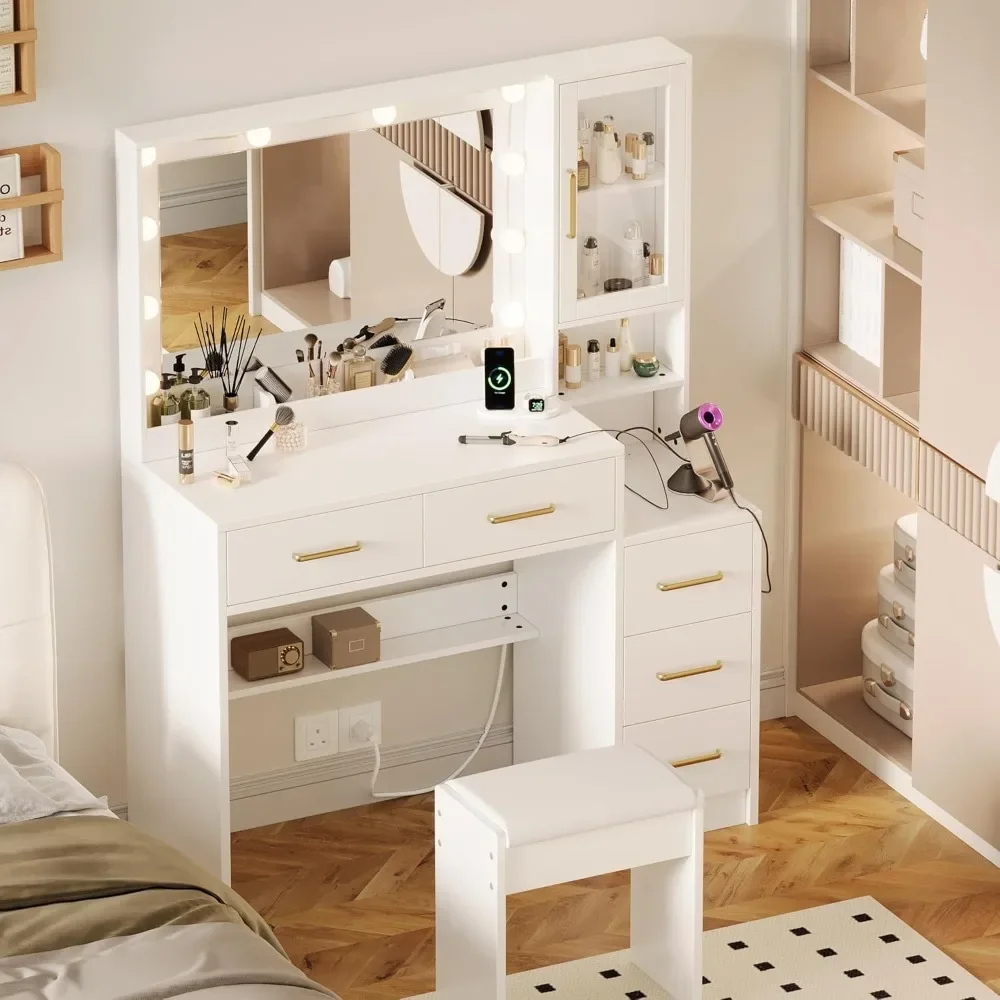 Makeup Vanity with Lights & Charging Station,White Vanity Table with 5 Drawers, Vanity Desk with Mirror & Lights, Dressing Table