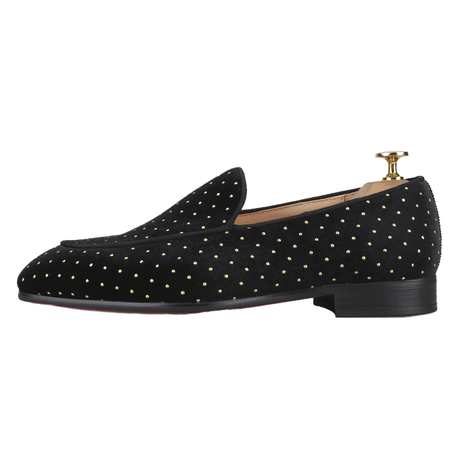 Piergitar Classic Model Handmade Small Gold Rivets Of Black Velvet Men's Loafers CL Brand Same Red Outsole Slip-On Flats