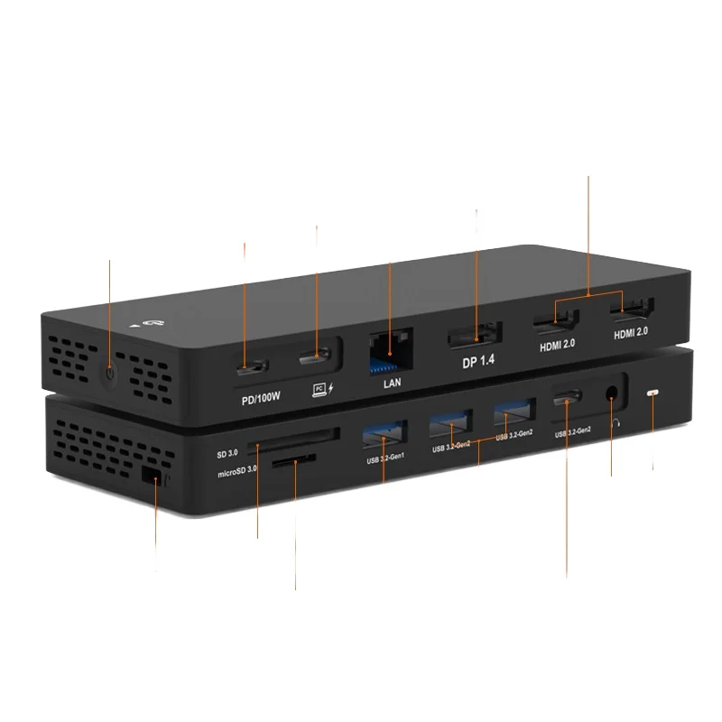 

USB C Hub Aluminum Alloy for 2.0 2 Displayports 10 Gbps Gigabit Ethernet PD 100W Docking Station Triple Monitor 13-In-1 Stock