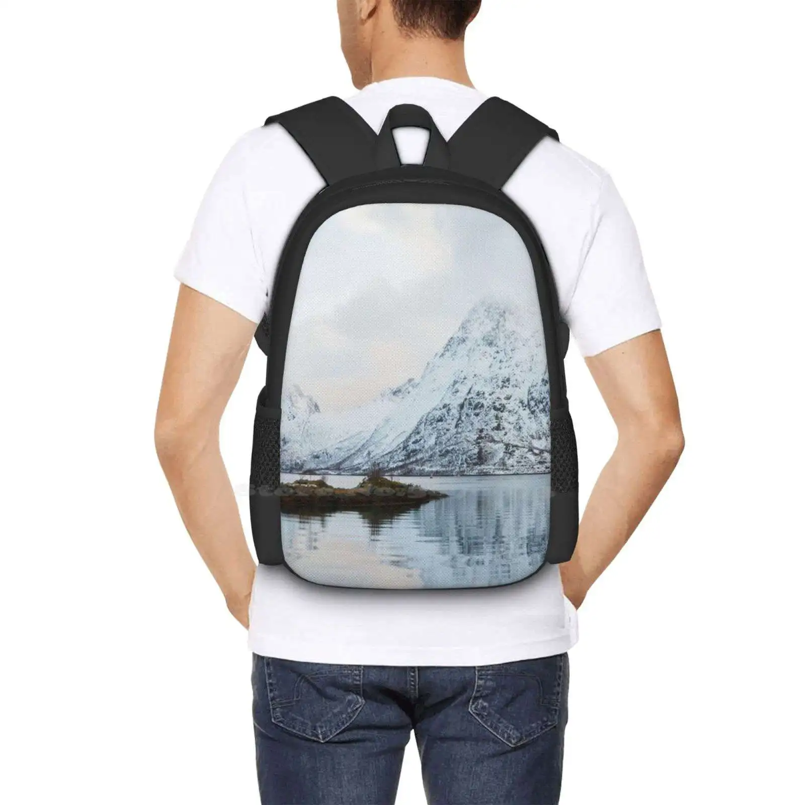 Lofoten Hot Sale Schoolbag Backpack Fashion Bags Landscape Panorama Nature Norway Europe Scandinavia Snow Lake Dominikaaniola